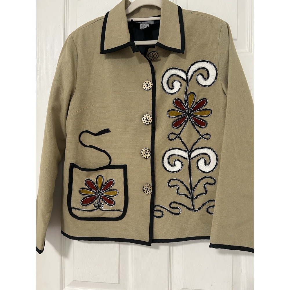 Indigo Moon Boho Embroidered Blazer Jacket Beige Cotton Leopard Print Buttons Sm
